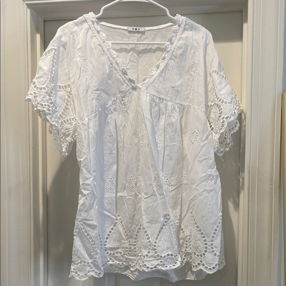 Chic White Eyelet Lace Blouse
